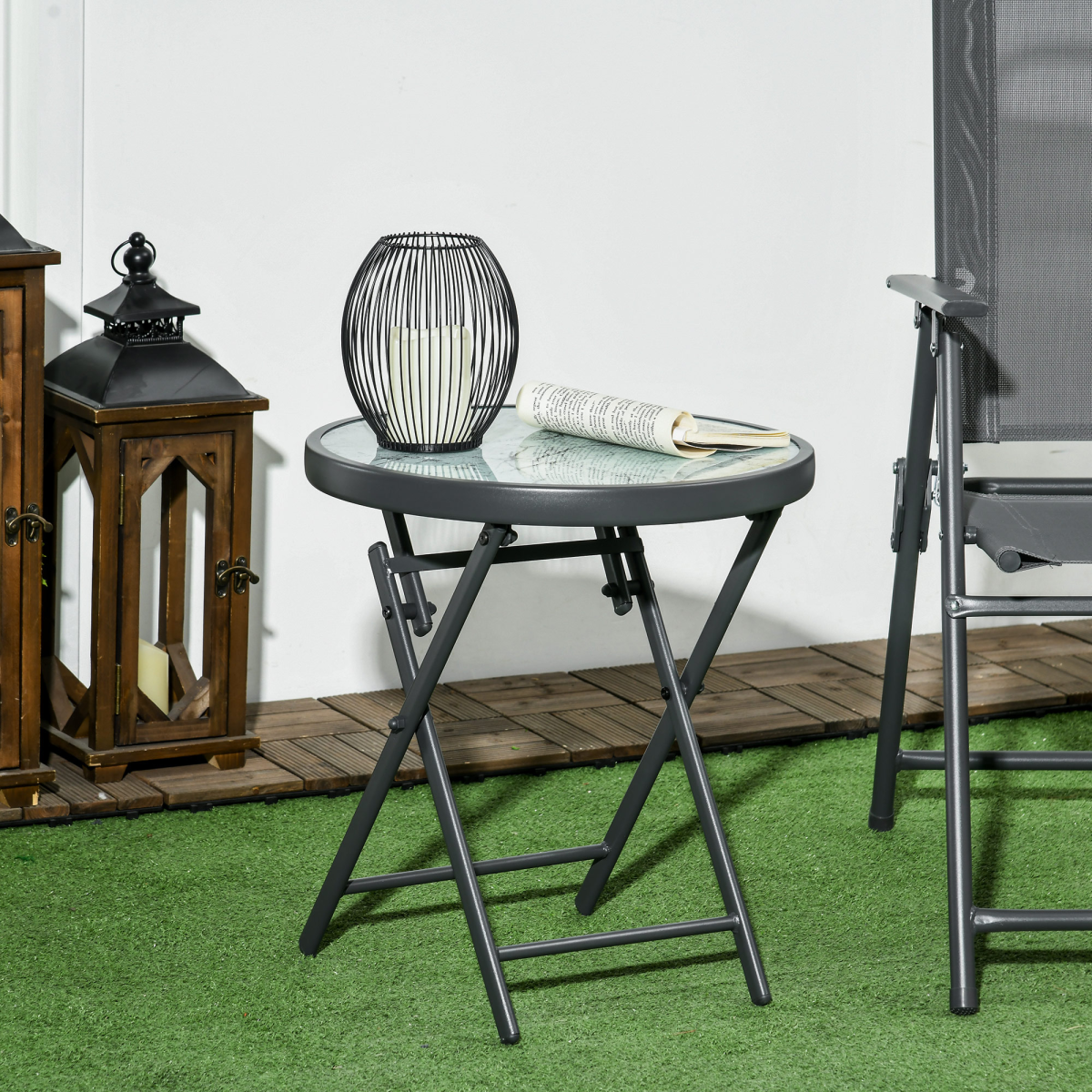 Outsunny Round Folding Side Table w/ Imitation Marble Glass Top, White