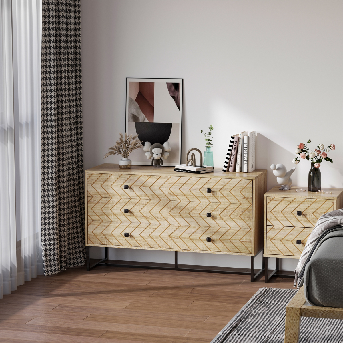 HOMCOM 6 Drawer Storage Unit Zig Zag Design Hallway Bedroom Living Room Cabinet with Black Handles and Anti-Tip Safety