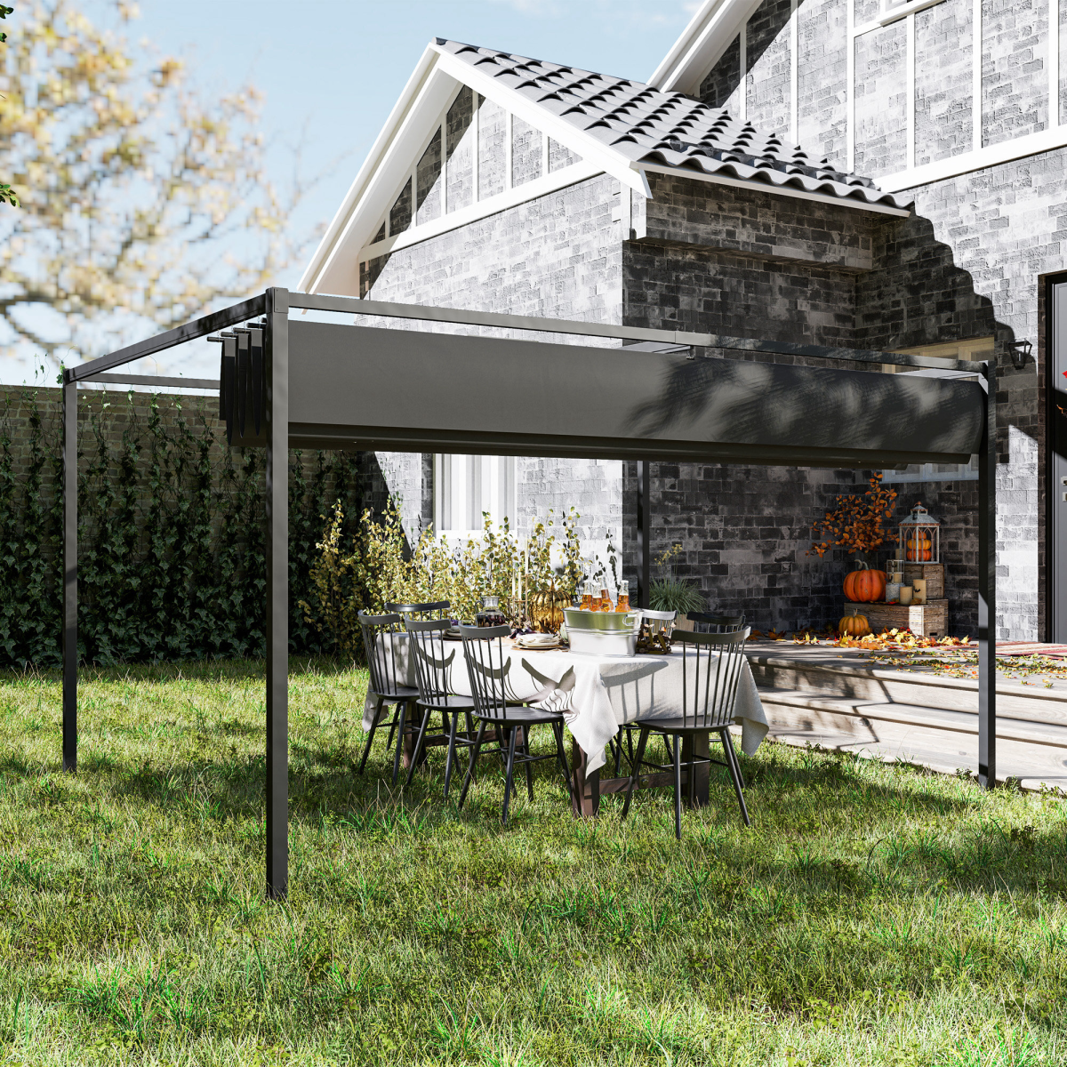 Outsunny 4 x 3 m Metal Pergola Gazebo with Retractable Canopy, Black