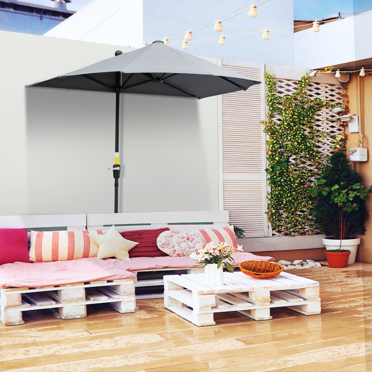 Outsunny 2m Half Garden Parasol Umbrella with Crank Handle, Dark Grey