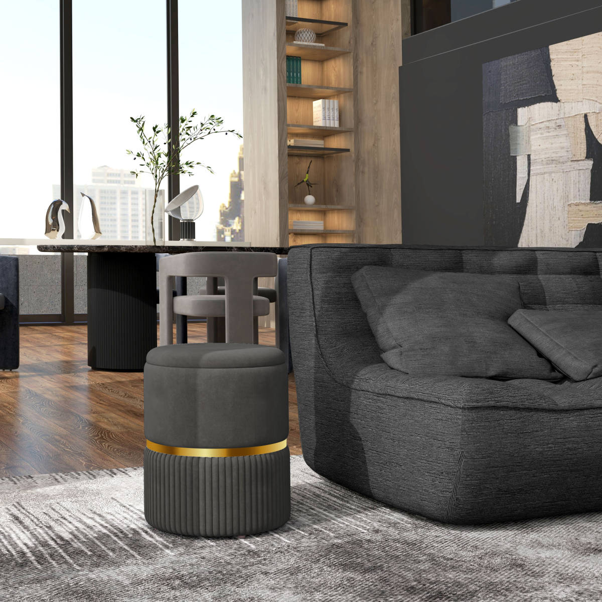 HOMCOM Round Storage Pouffe Footstool with Cushioned Top, Grey