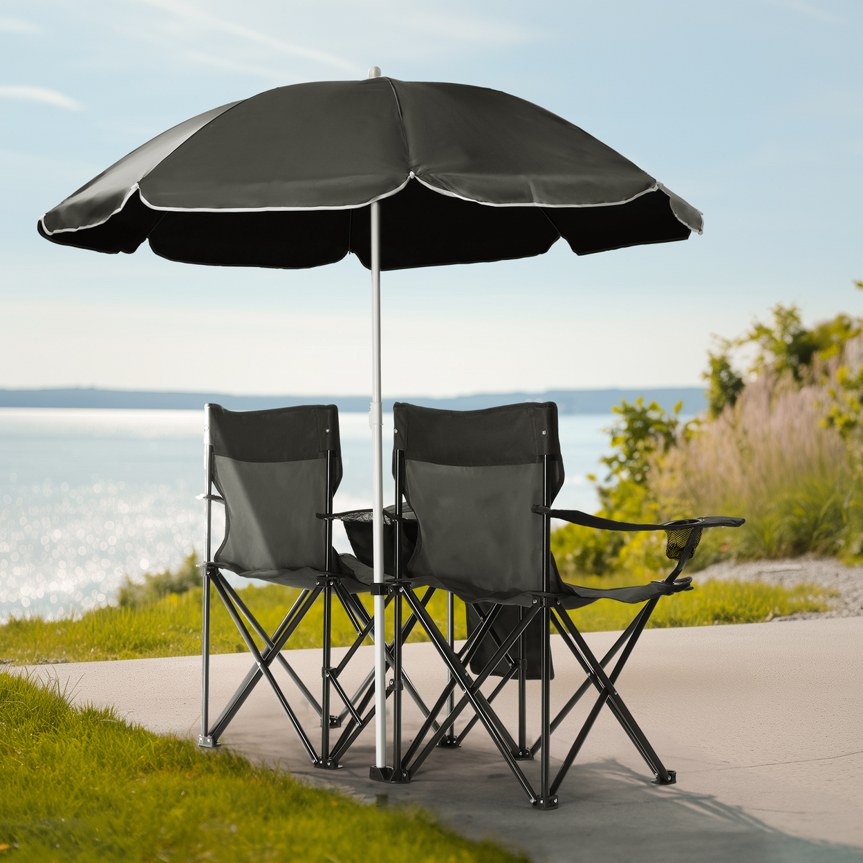 Portable Outdoor 2-Seat Folding Chair with Removable Sun Umbrella, Black