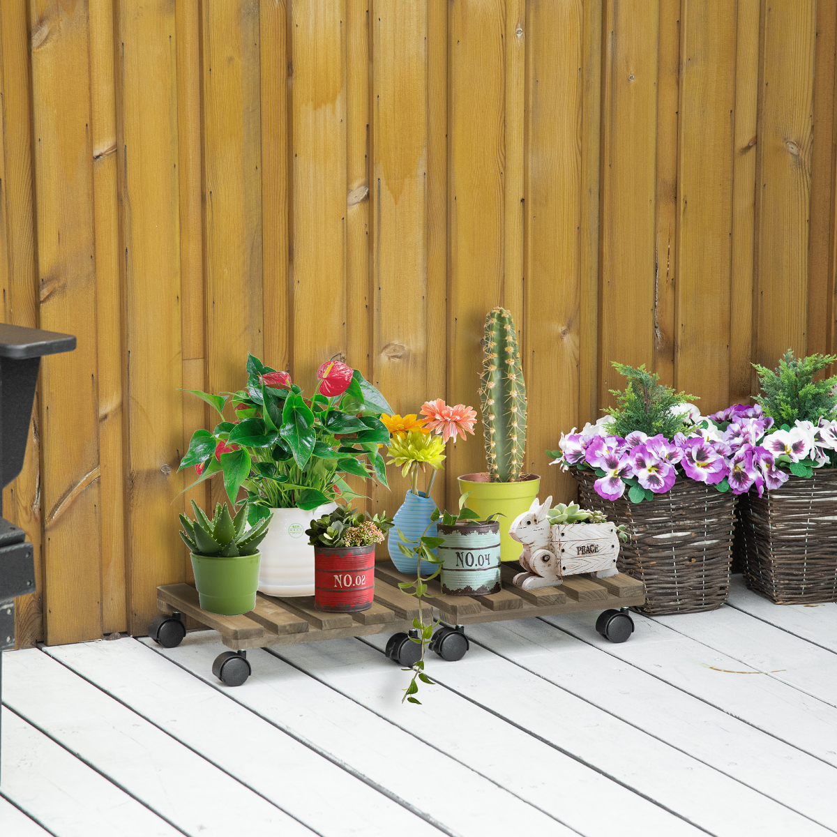 2 Pack Corner Plant Stand with Wheels, Solid Wood Flower Pot Holder with Brakes for Garden, Balcony and Backyard