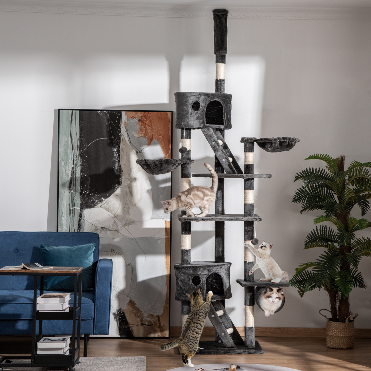 PawHut 240-260cm Floor to Ceiling Cat Tree with Scratching Posts, Cat Houses, Ramps, Hammocks and Tunnel - Dark Grey