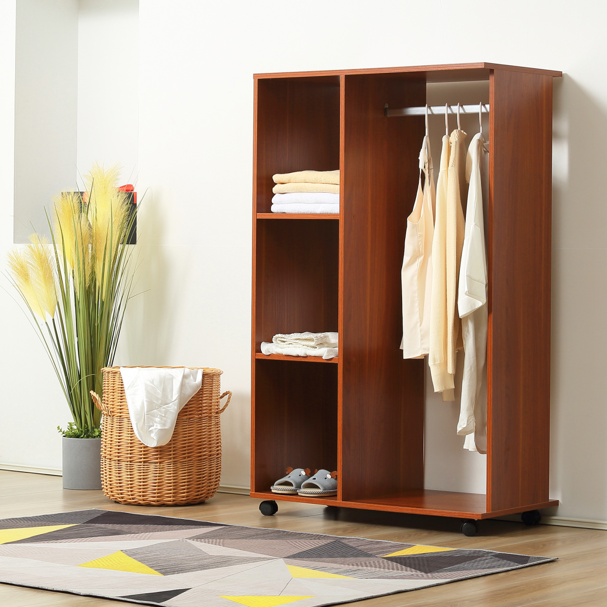 HOMCOM Walnut Open Wardrobe with Hanging Rail, Shelves, Cubbies and Wheels