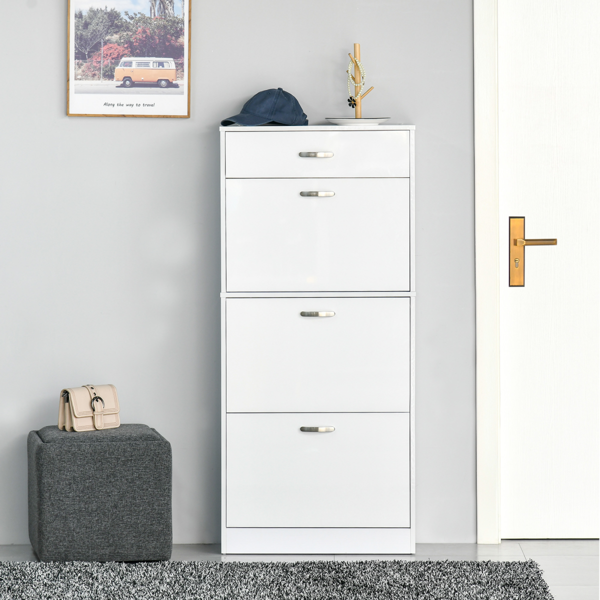 HOMCOM Shoe Cabinet with 4 Drawers, Flip Doors, Adjustable Shelf, Holds up to 18 Pairs, White