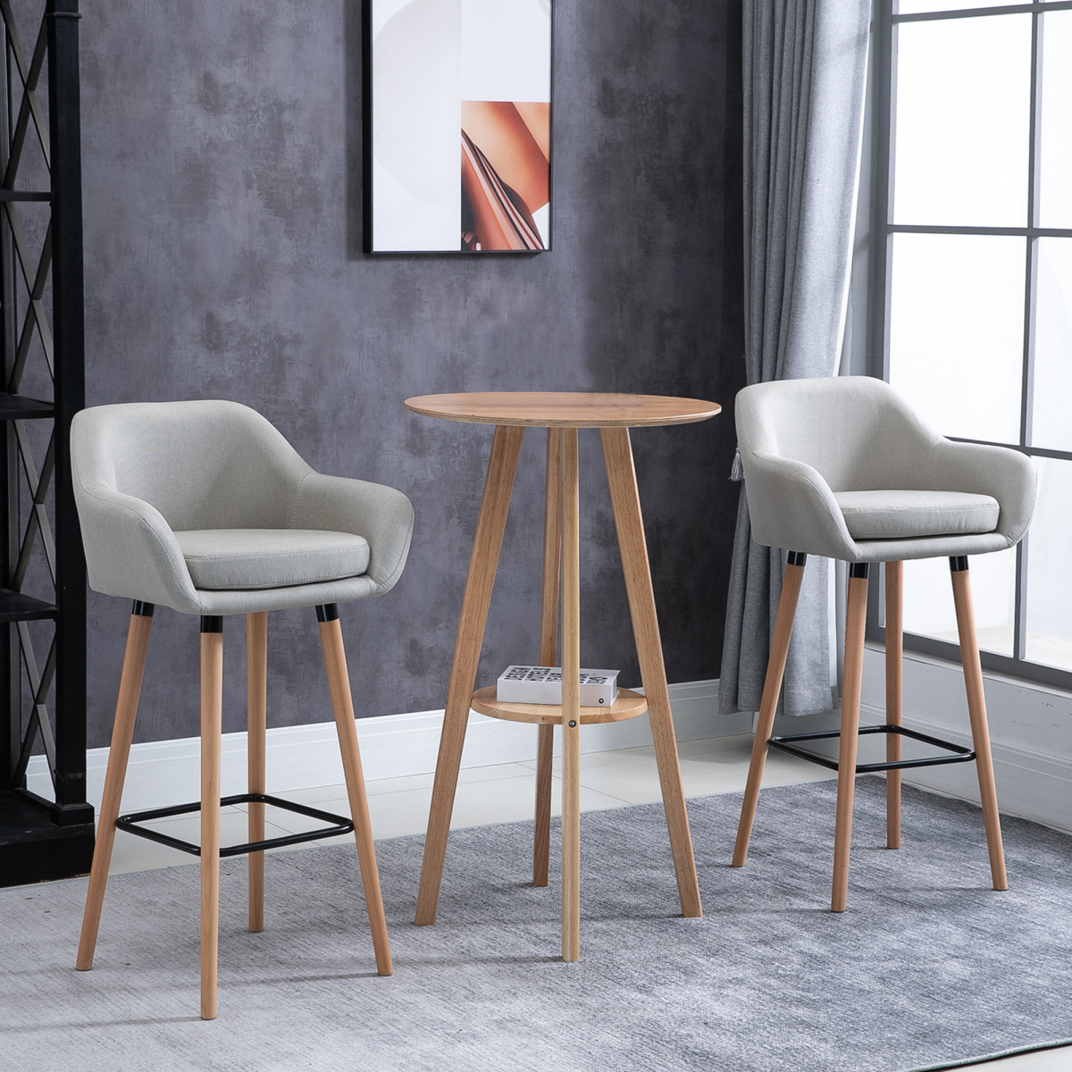 HOMCOM Set of 2 Modern Upholstered Bucket Bar Stools, Beige, Solid Wood Legs