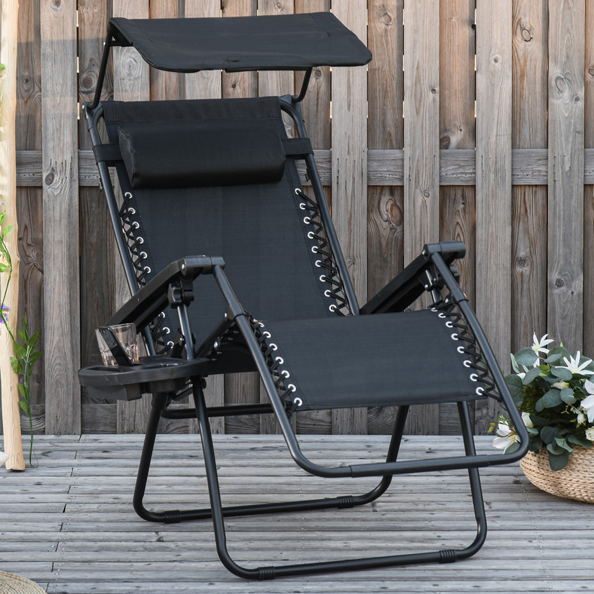 Outsunny Zero Gravity Folding Sun Lounger with Reclining Seat, Canopy and Removable Side Tray Holder, Black