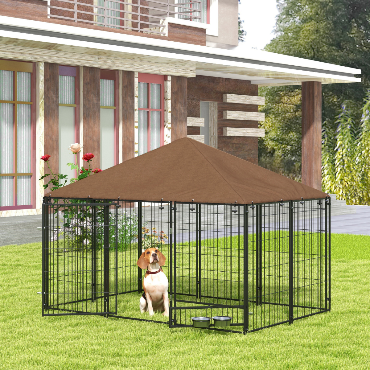 PawHut Outdoor Dog Kennel with Canopy, Lock & Rotating Bowl Holder