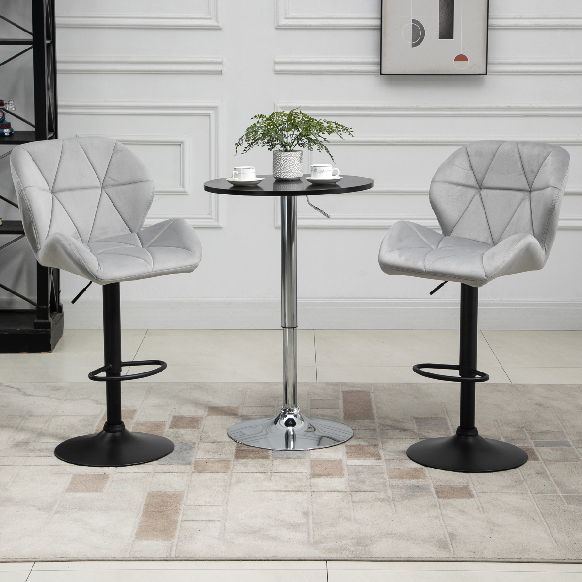 Set of 2 Adjustable Height Fabric Bar Stools, Light Grey