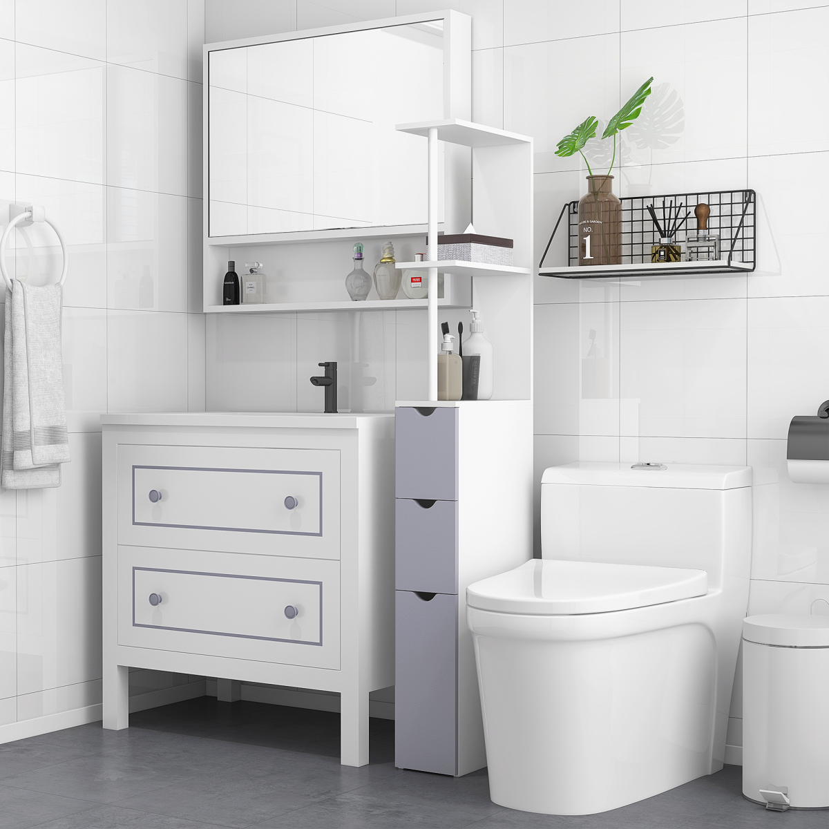 Tall Slim Bathroom Storage Cabinet with Shelves and Drawers, White