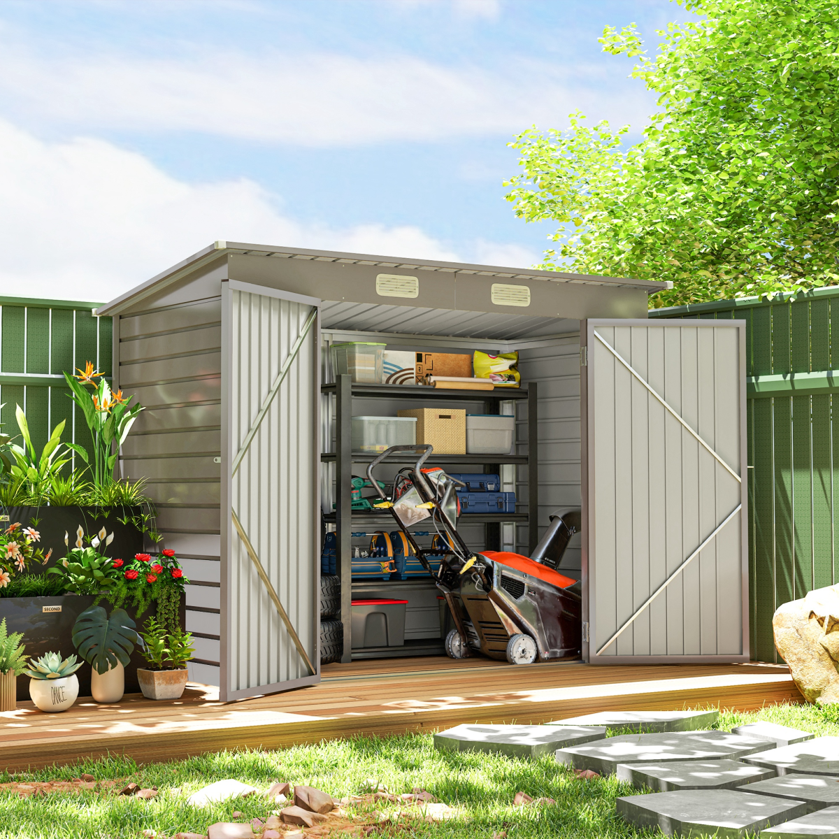 Outsunny Metal Garden Storage Shed with Double Doors, Light Grey