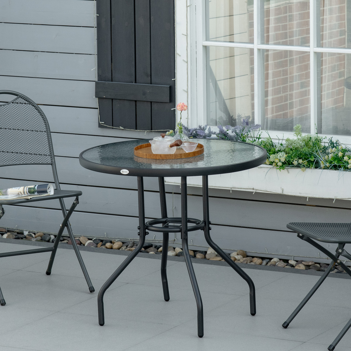 Outdoor Round Dining Table, Tempered Glass Top, Steel Frame, Parasol Hole, 80cm