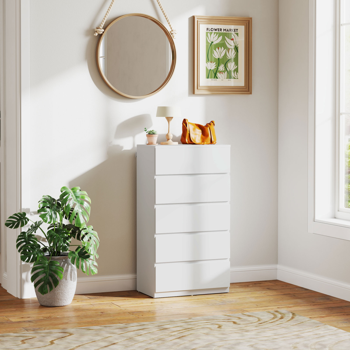 HOMCOM White 5-Drawer Bedroom Chest of Drawers, Handleless, Soft-Close