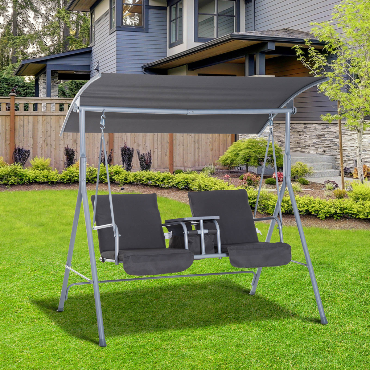 Outsunny Grey Steel Frame 2-Seater Swing Chair with Table and Cup Holders