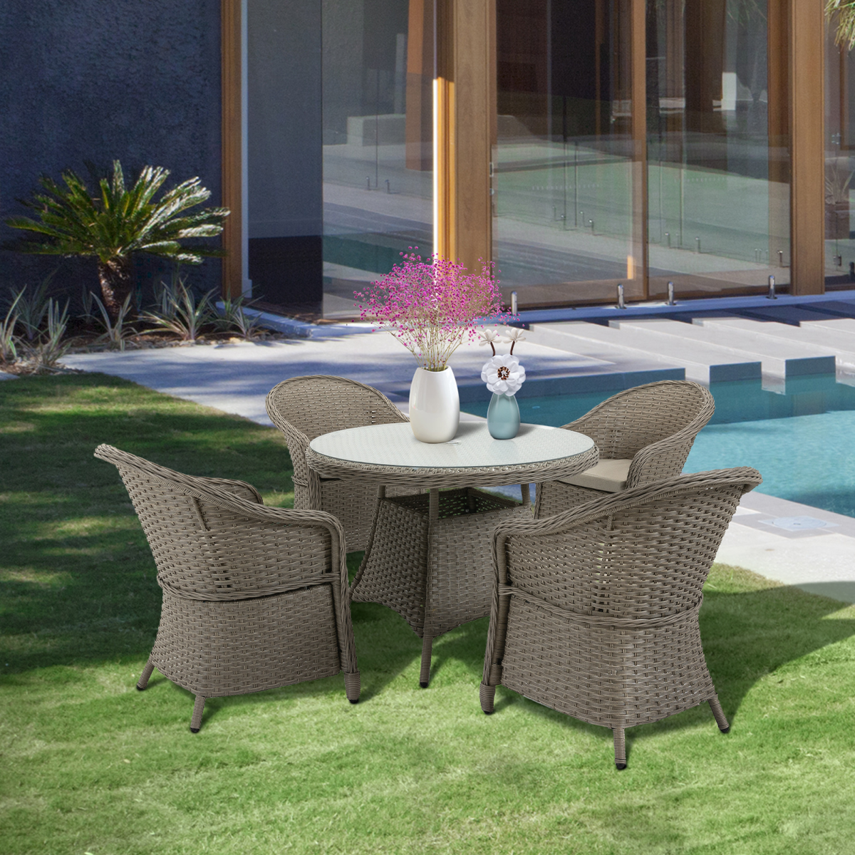 Outsunny 5-Piece Outdoor Patio PE Rattan Dining Set, Four-Seater, Grey, Tempered Glass Table, Cushioned Chairs, Umbrella Hole