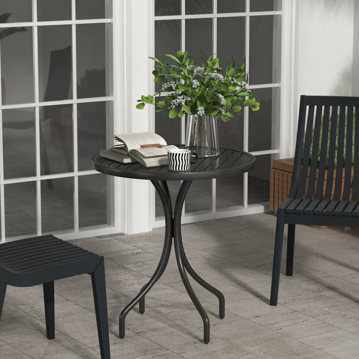 Outsunny Round Black Garden Side Table with Slatted Top, Galvanised Steel Frame, 66cm Dia.