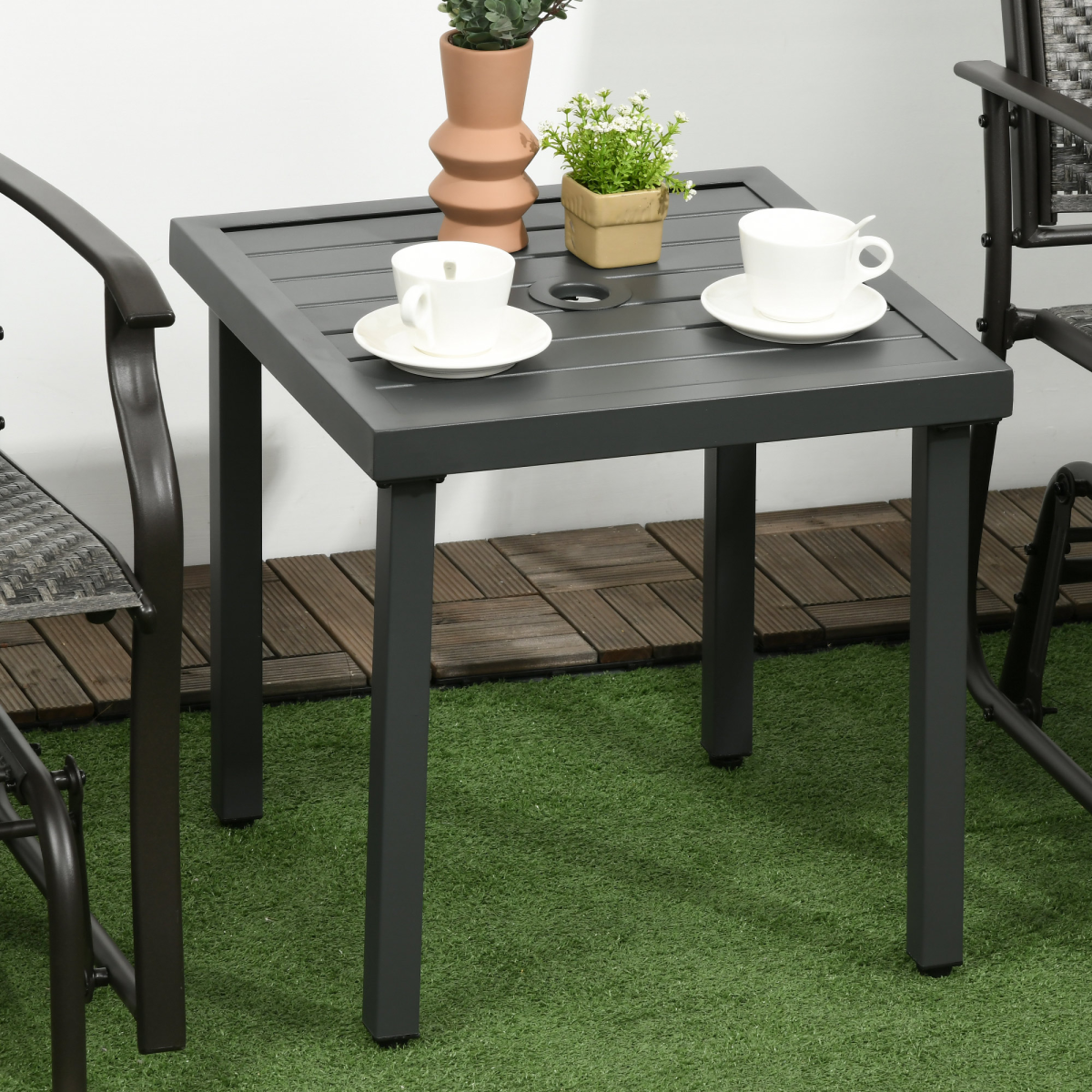 Outsunny Garden Side Table Coffee Table with Umbrella Hole for Patio Balcony