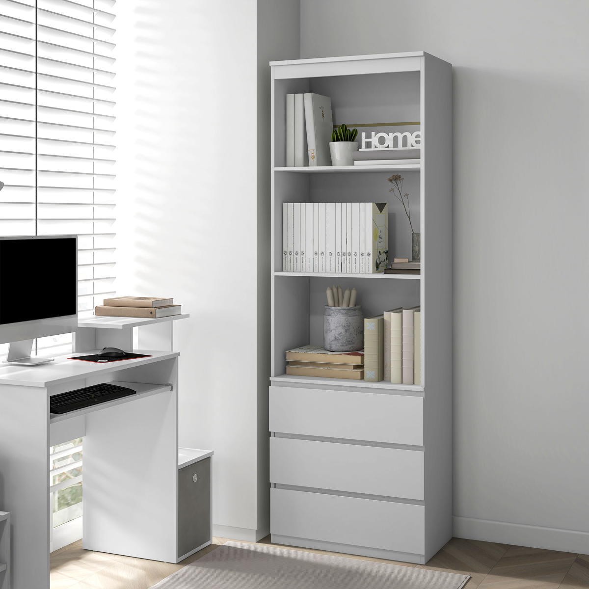 HOMCOM 180cm White Freestanding Bookshelf with 3 Shelves and 3 Drawers