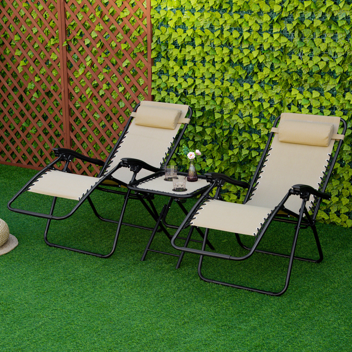 Outsunny 3-Piece Zero Gravity Sun Lounger Chair and Side Table Set with Cup Holders, Beige