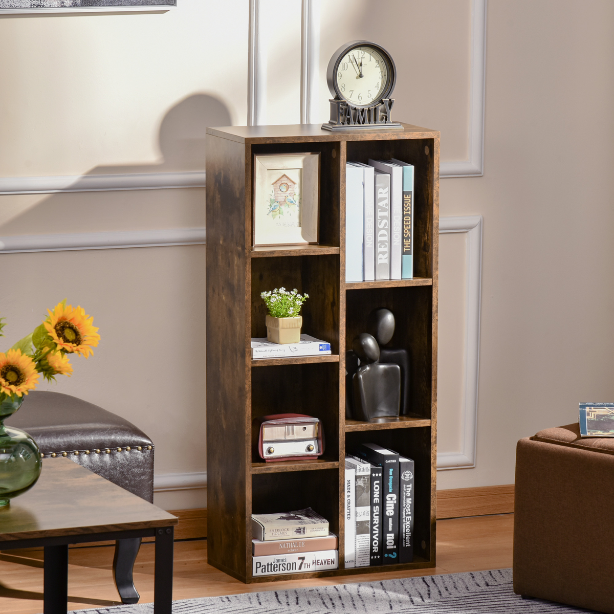 HOMCOM Industrial Bookcase Display Cabinet, 7-Compartment Cube Storage, Rustic Brown