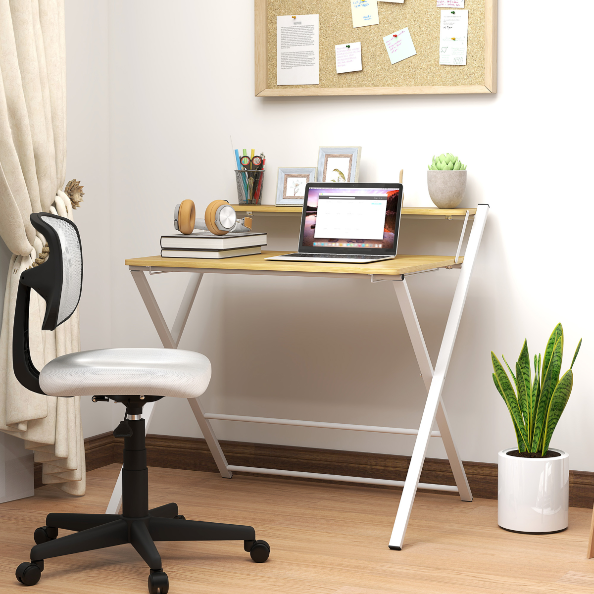 HOMCOM Folding Desk with 2-Tier Shelf, Maple Wood-Effect