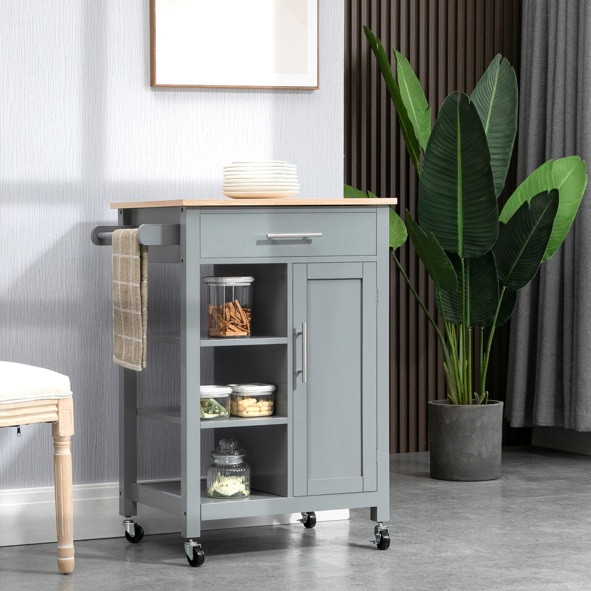 HOMCOM Grey Kitchen Trolley Cart with Wooden Worktop, Drawer, Cupboard, Shelves and Wheels