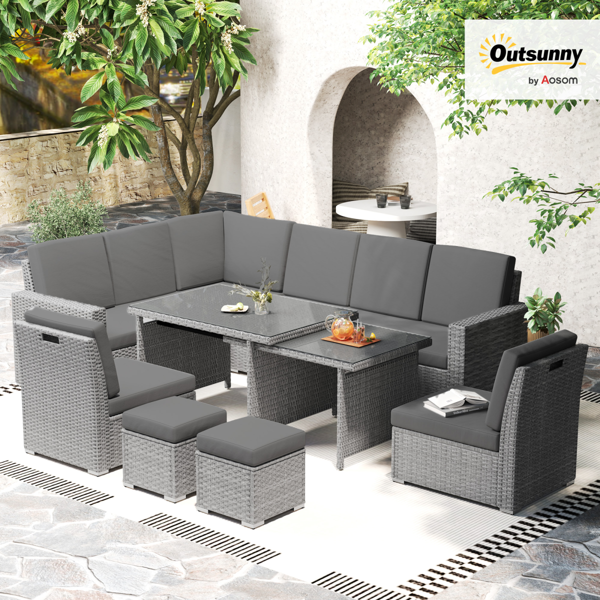 Outsunny 7-Piece 10-Seater Sofa Sectional Set with Cushions, Footstools and Glass Table