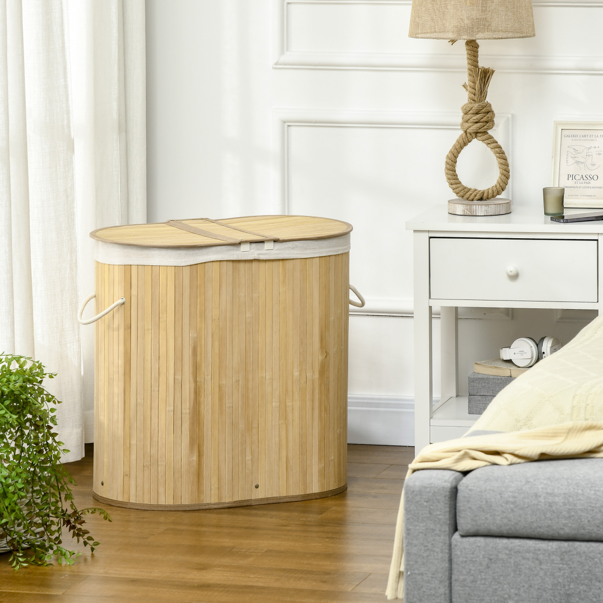 100L Bamboo Laundry Basket with Lid, 2 Compartments and Removable Lining, Natural