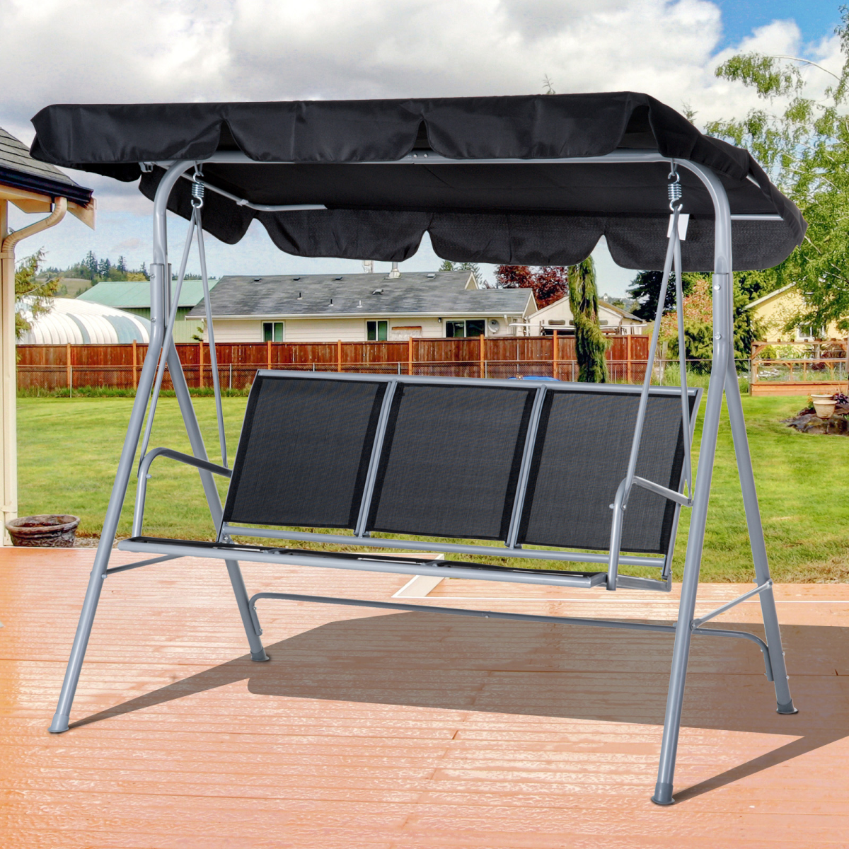 Outsunny Outdoor 3-Seater Swing Chair with UV Protected Canopy and Sling Fabric Seating