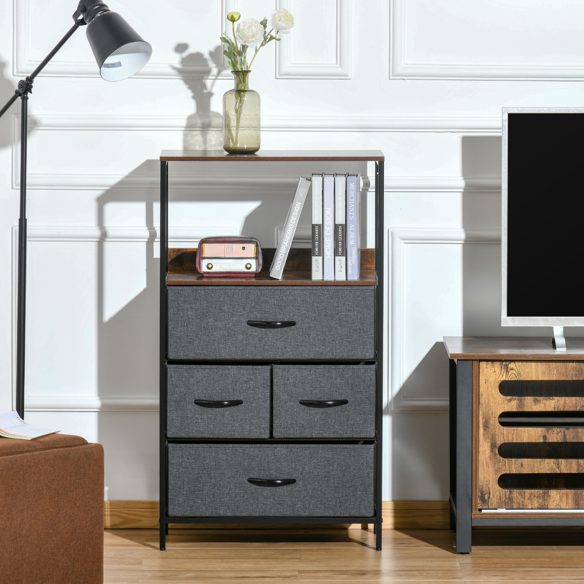 4 Drawer Storage Chest with Shelves, Black Metal Frame and Fabric Drawers