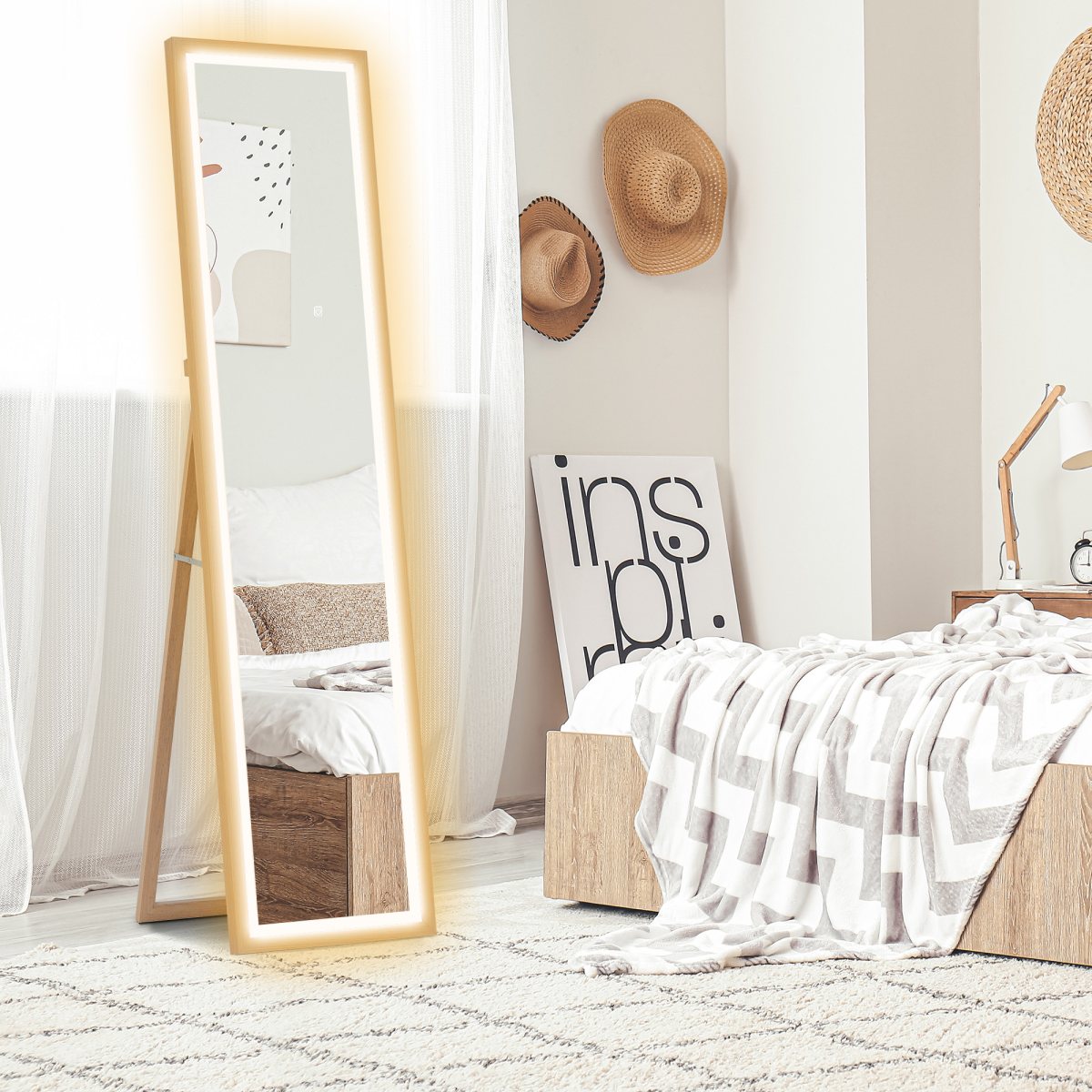 HOMCOM Full Length LED Dimming Mirror, Standing/Wall Mount, Oak
