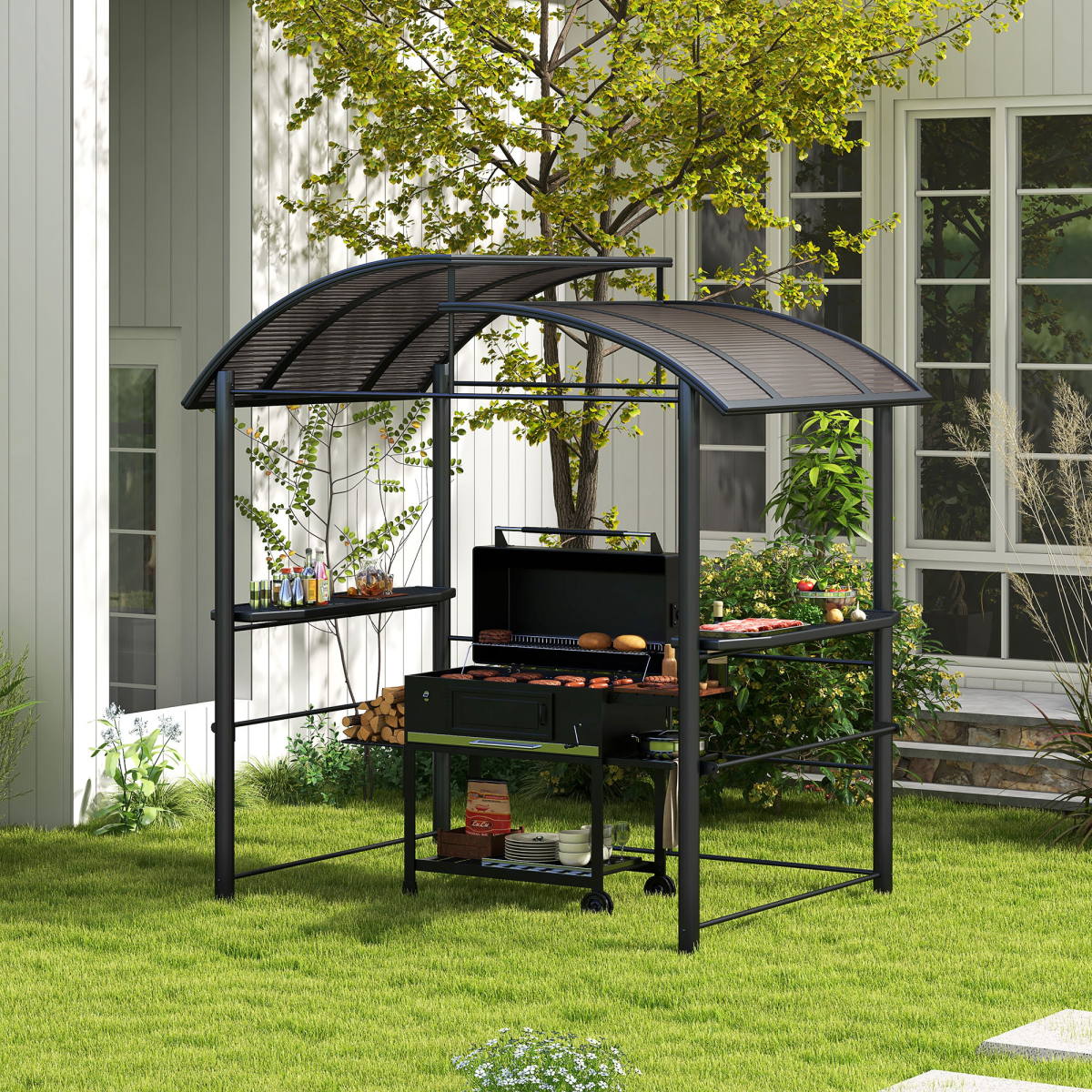Outsunny BBQ Patio Gazebo with Polycarbonate Roof and 2 Shelves