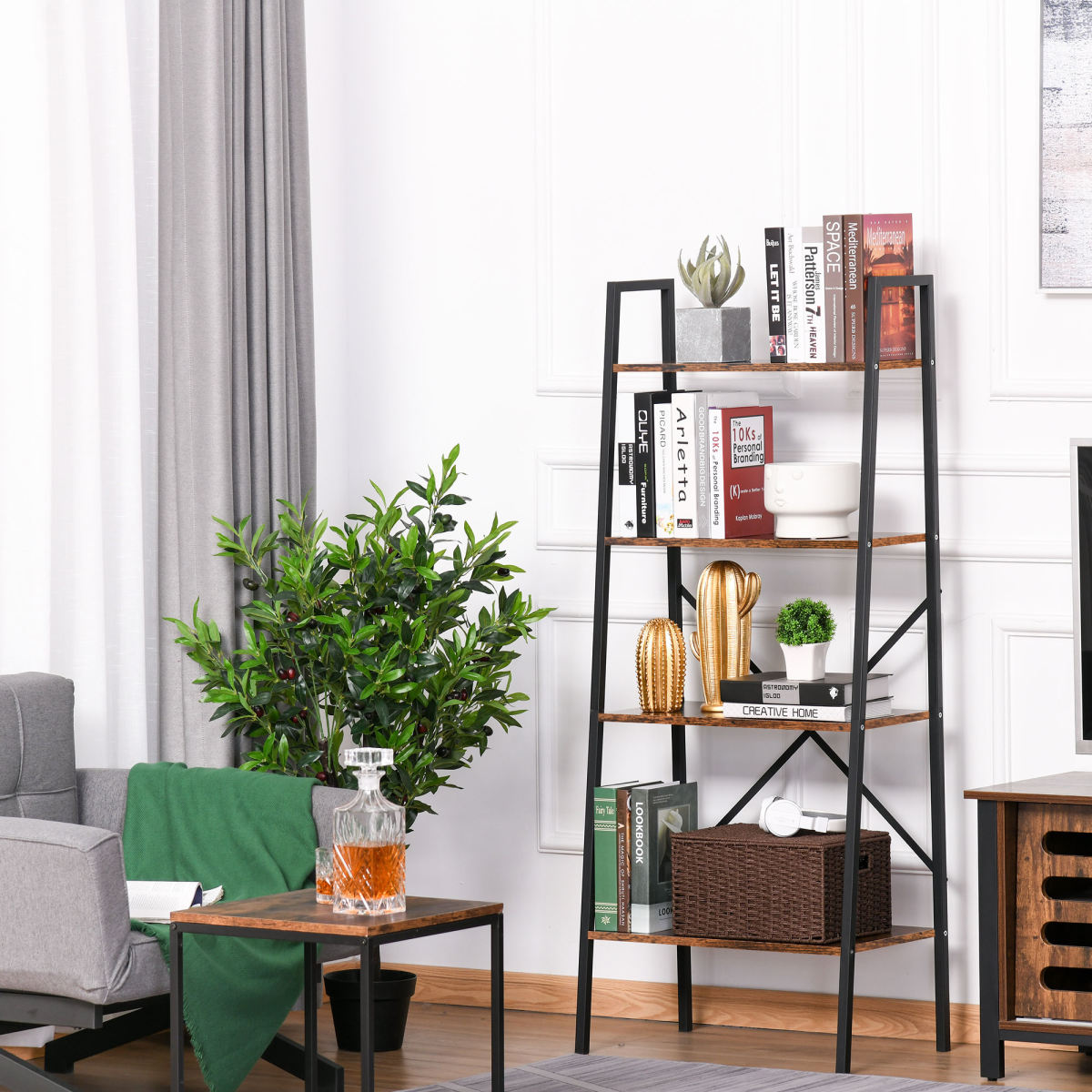 4-Tier Minimalist Ladder Shelf Unit with Steel Frame and MDF Shelves for Home Display and Storage