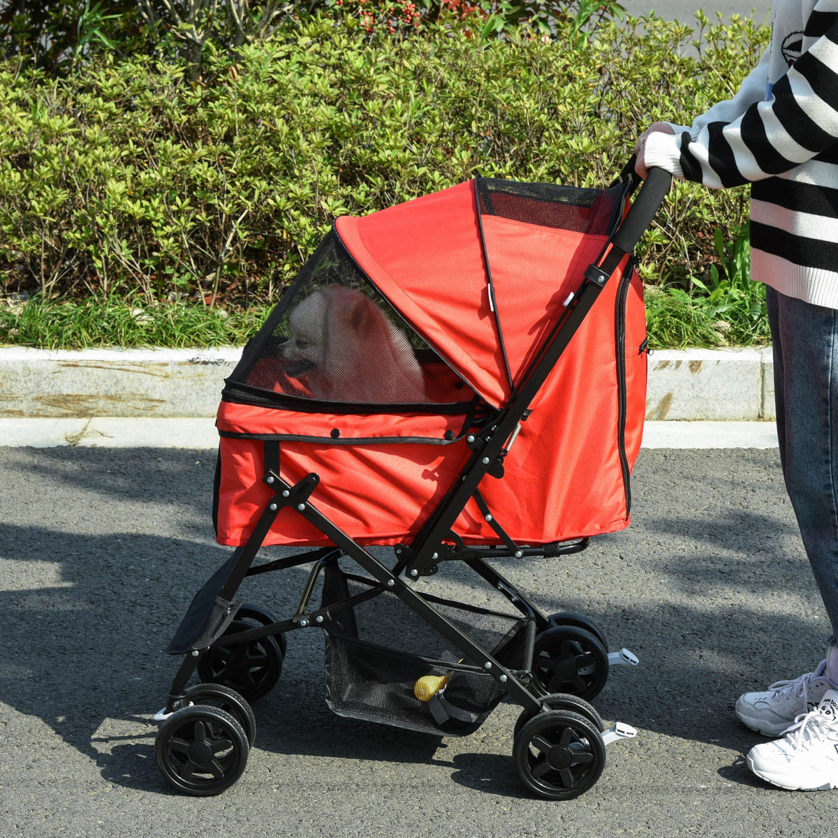 Foldable Pet Stroller for Small Dogs and Cats with Reversible Handle, Brake Wheels, Storage Basket
