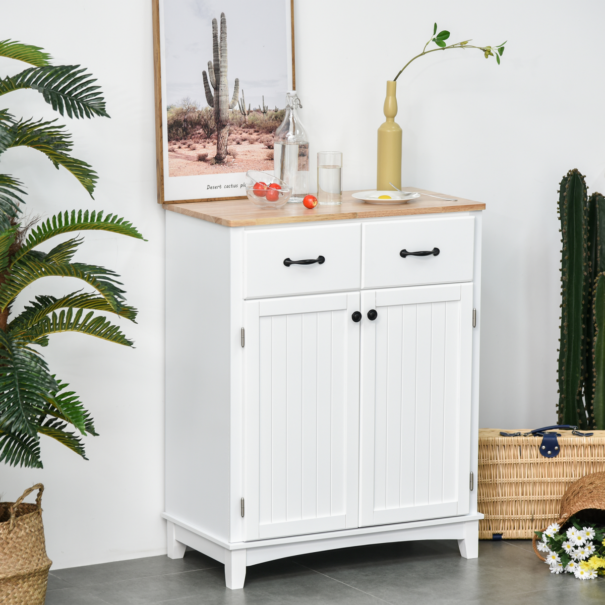 Kitchen Storage Cabinet with Wooden Top, Drawers & Shelf