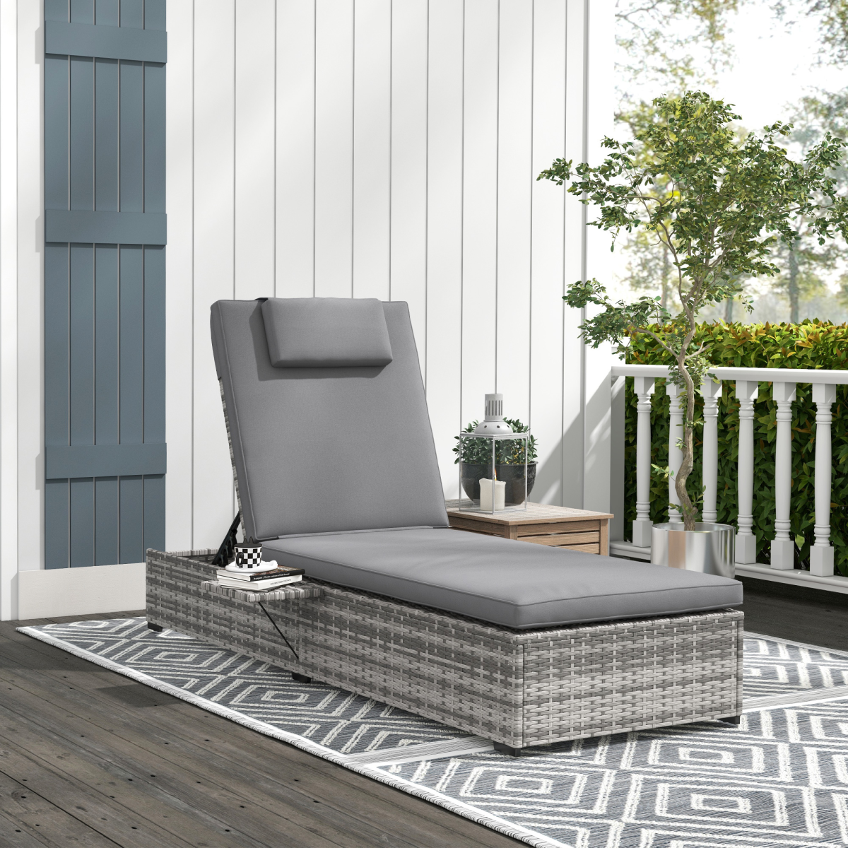 Outsunny Grey Rattan Lounger with Cushion, 5-Level Reclining Sun Lounger