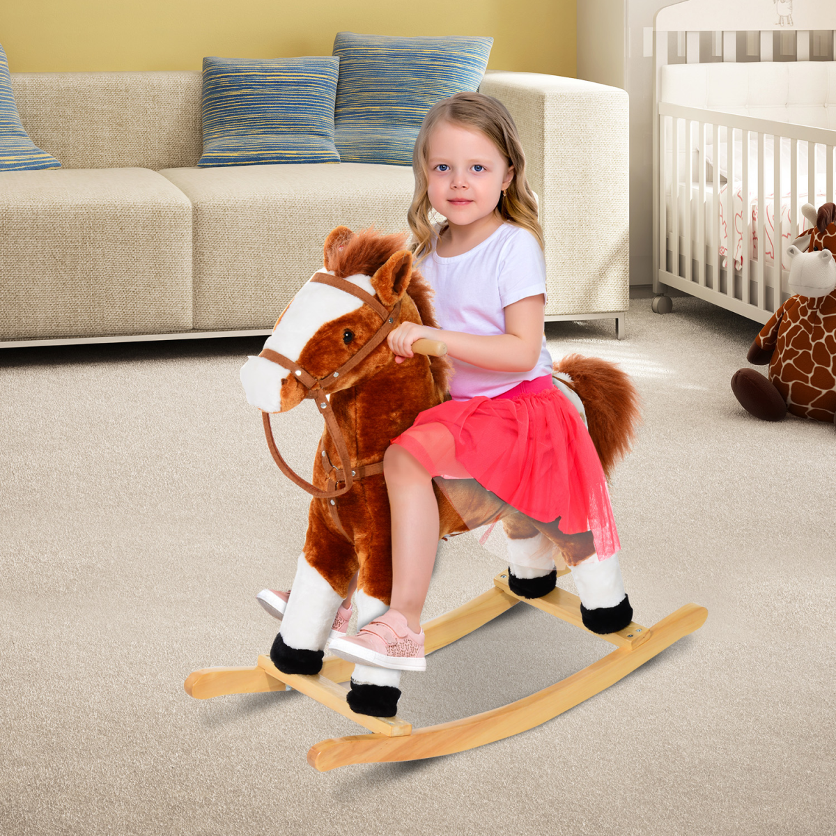 HOMCOM Plush Rocking Horse with Neigh Sound, Brown