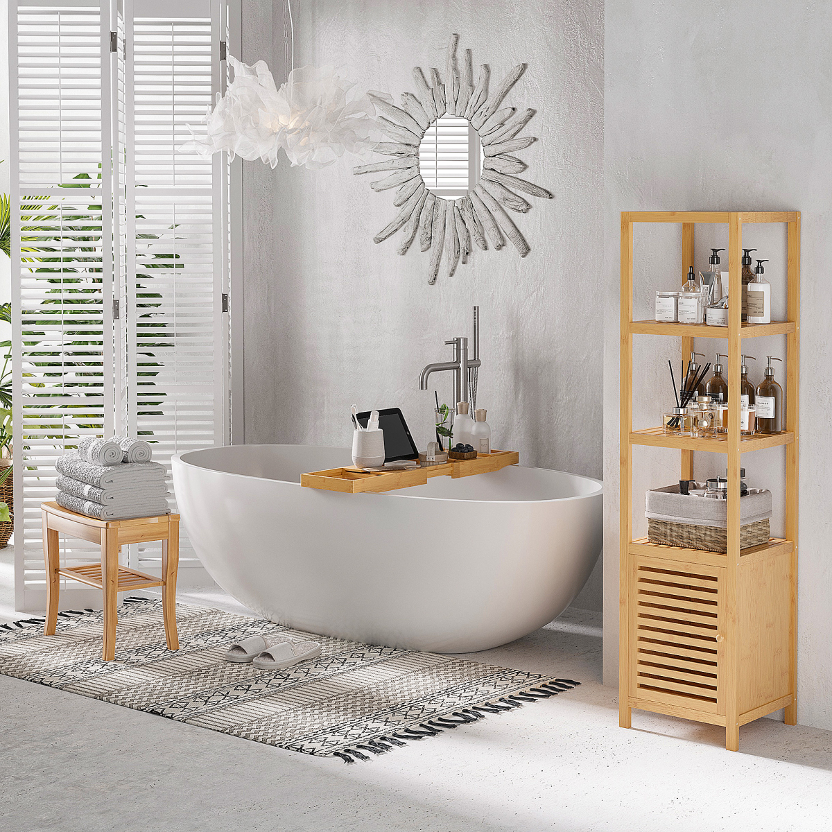 Extendable Bamboo Bath Tub Tray Caddy with Book Tablet Stand, Wine Glass Holder, Phone Tray and Detachable Accessory Tray, Fits Most Standard Bathtubs