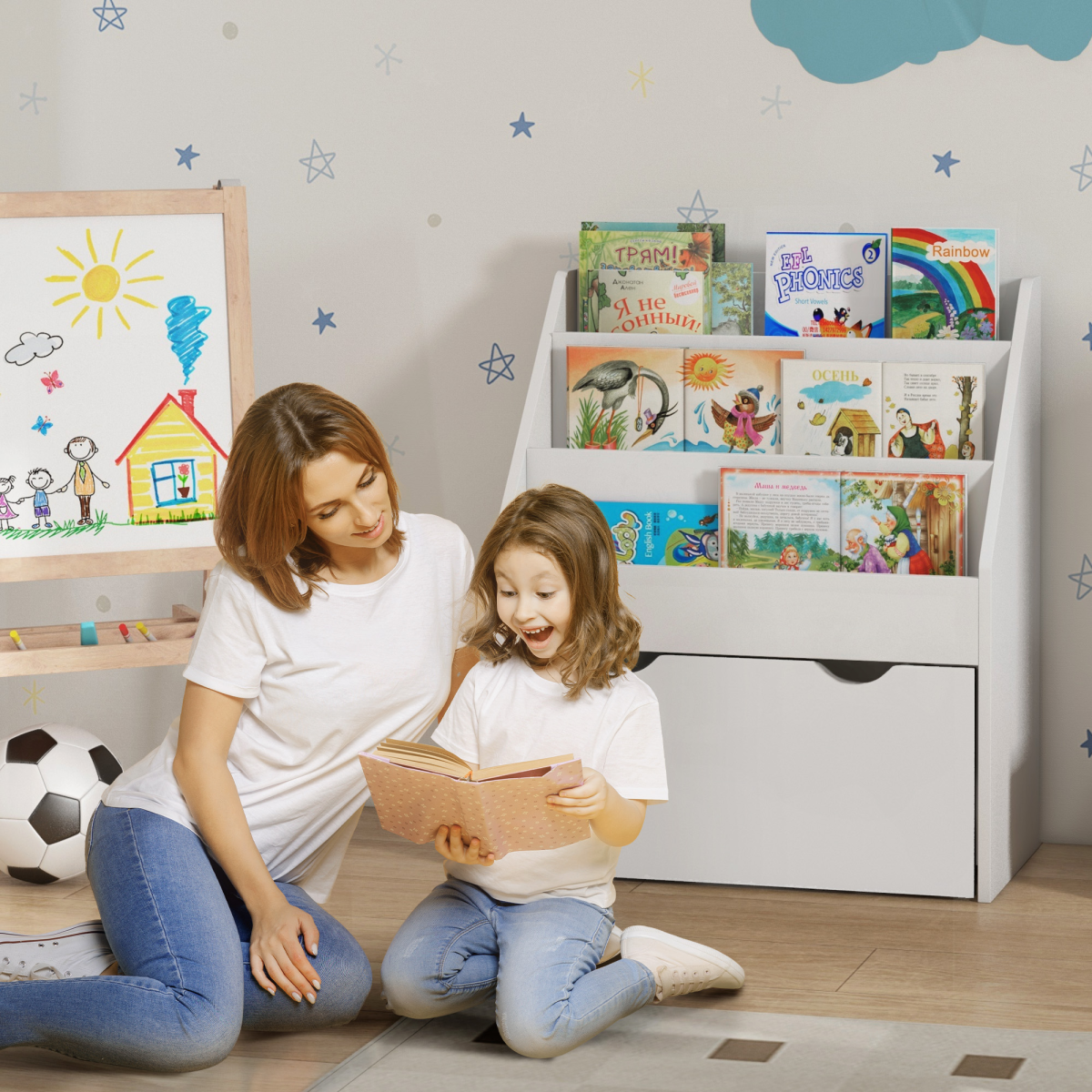 AIYAPLAY Kids Bookcase with 3-Tier Shelves and Drawer, White
