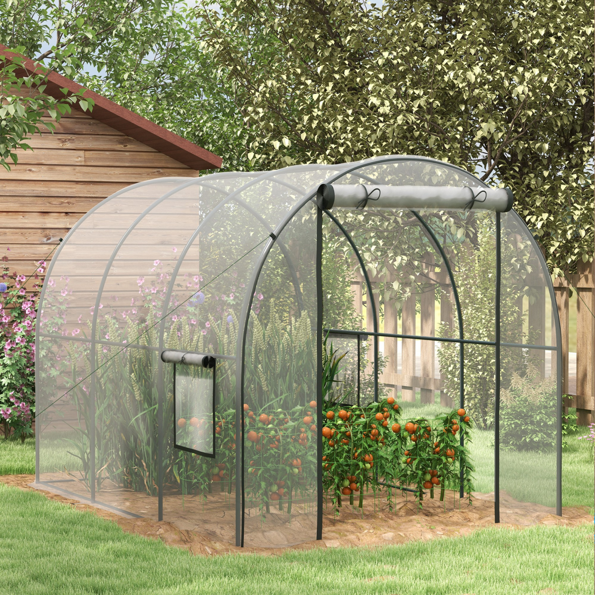 Outsunny 3 x 2 x 2m Clear Polytunnel Greenhouse with Roll-Up Door, Mesh Windows, Steel Frame