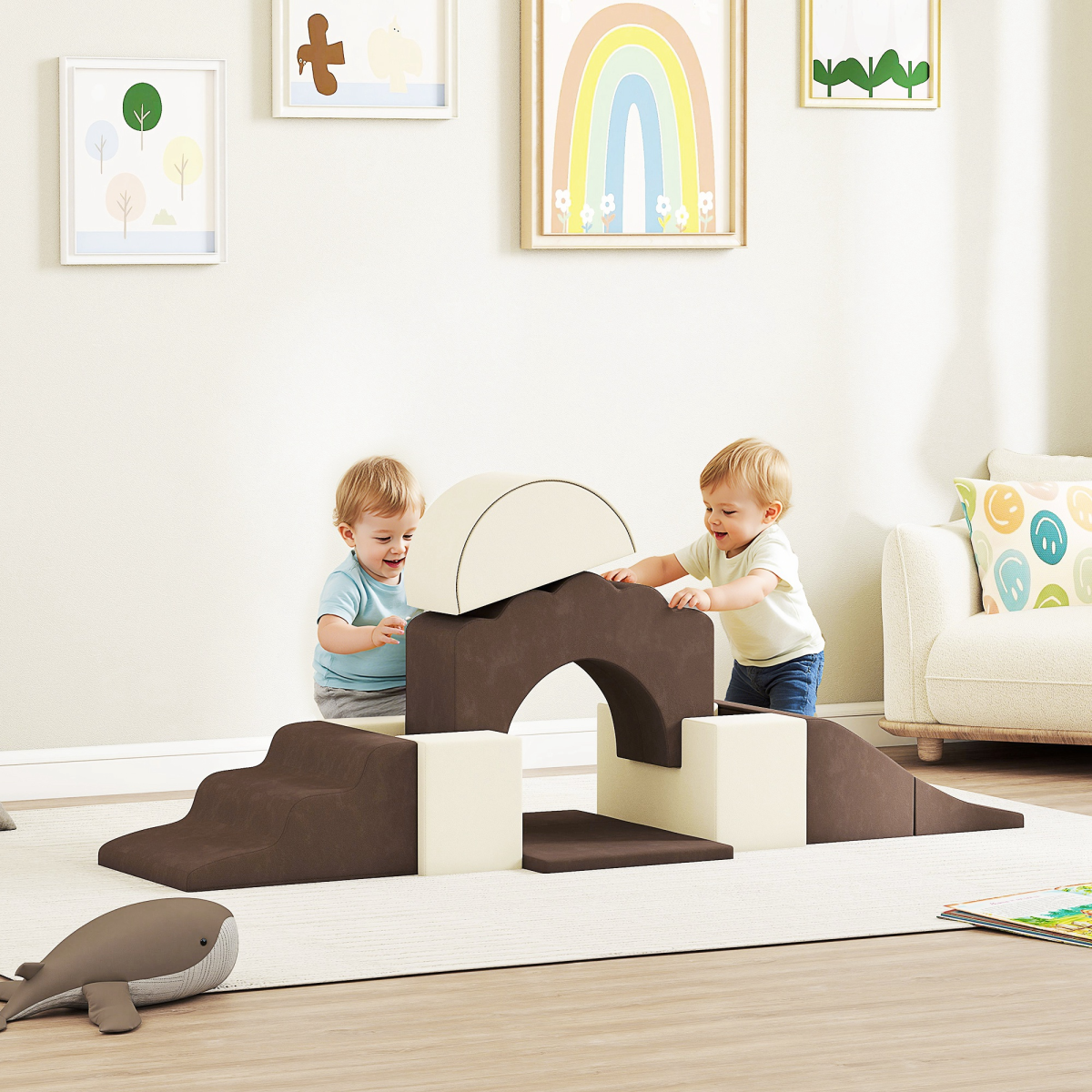 AIYAPLAY Kids Soft Play Set, 7-Piece Foam Climbing Blocks, Brown