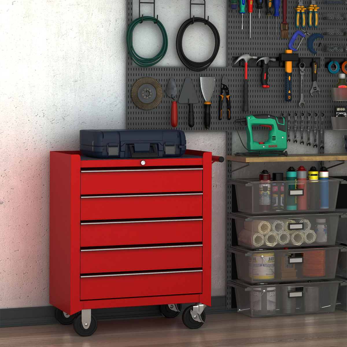 HOMCOM 5-Drawer Steel Tool Trolley on Wheels, Lockable, Red