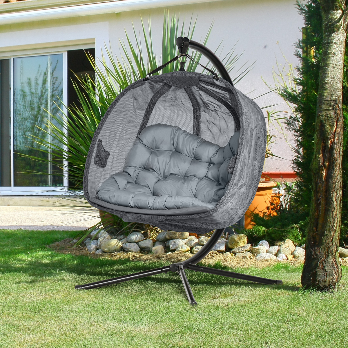 Outsunny 2-Seater Hanging Egg Chair with Cushion, Grey