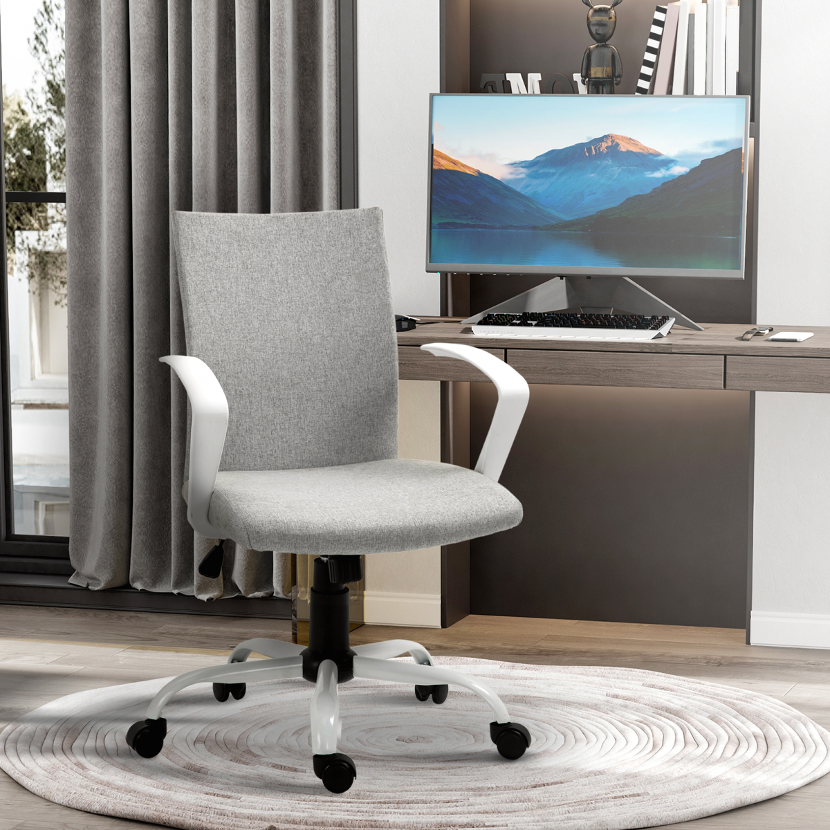 Vinsetto Linen Swivel Office Chair, Adjustable Height Computer Desk Chair with Armrests, Light Grey