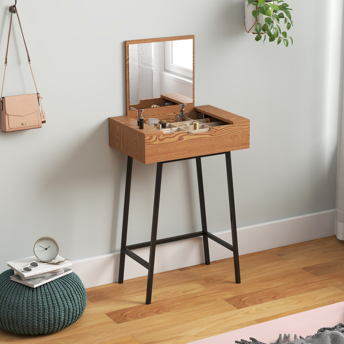HOMCOM Industrial Vanity Desk with Flip-Up Mirror, Natural Wood Effect