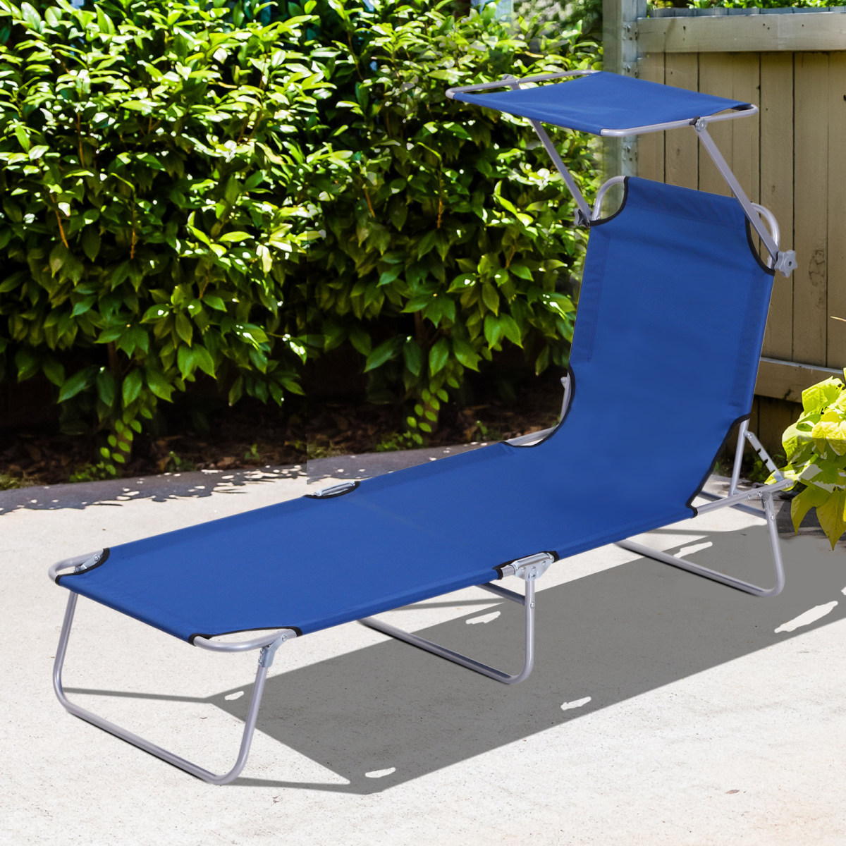 Outsunny Folding Reclining Beach Lounger Chair with Adjustable Back and Removable Sun Visor, Blue