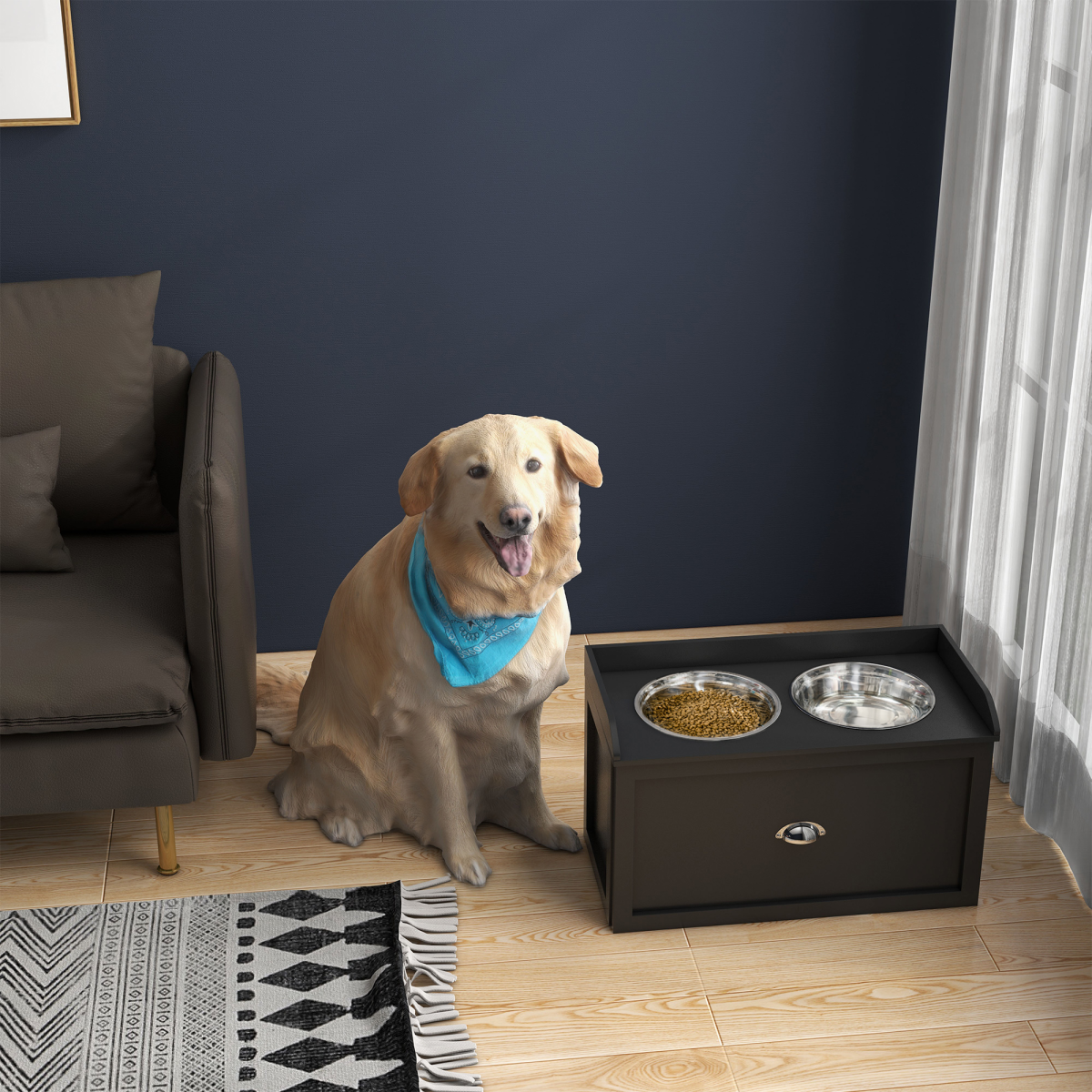 PawHut Raised Stainless Steel Dog Bowls with 21L Drawer