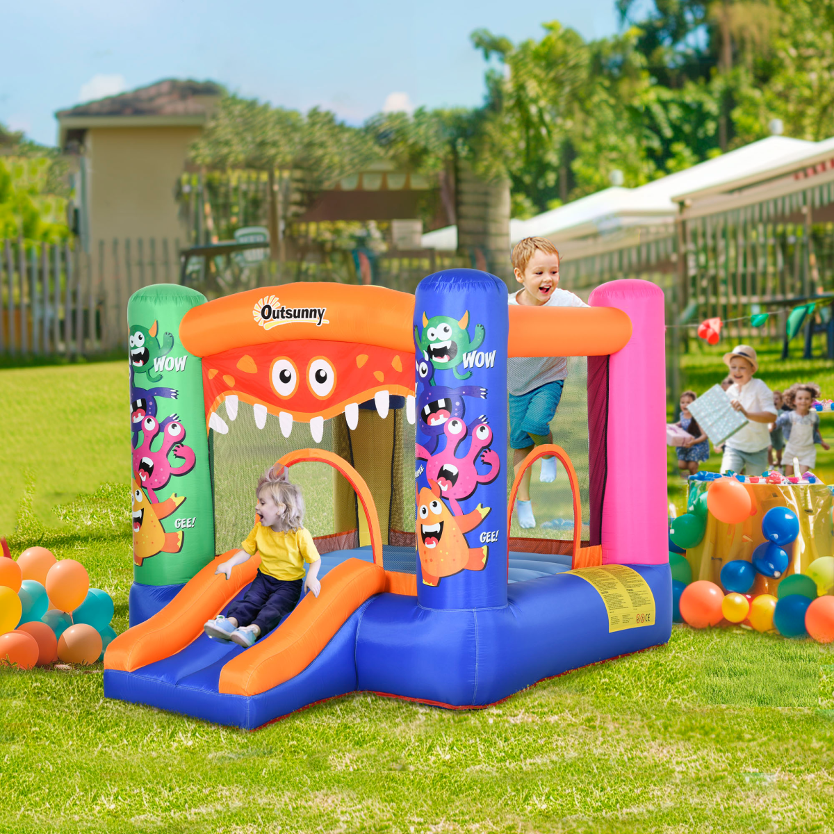 Monster Design Bouncy Castle with Slide, Trampoline & Basket