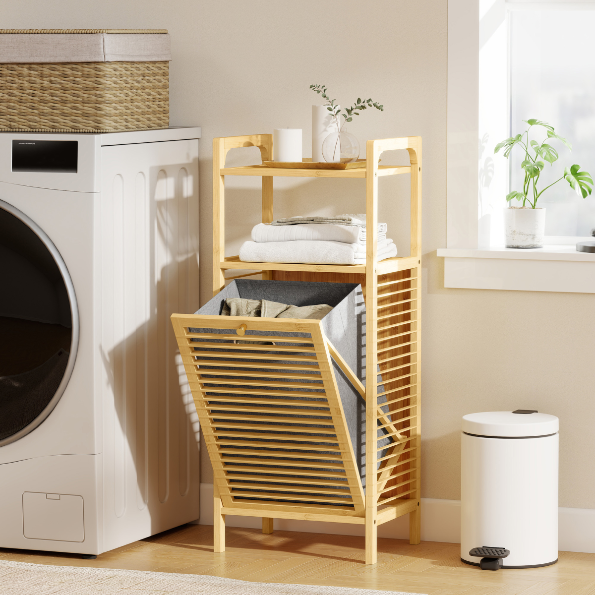 HOMCOM Bamboo Laundry Hamper Cabinet with Removable 37L Basket